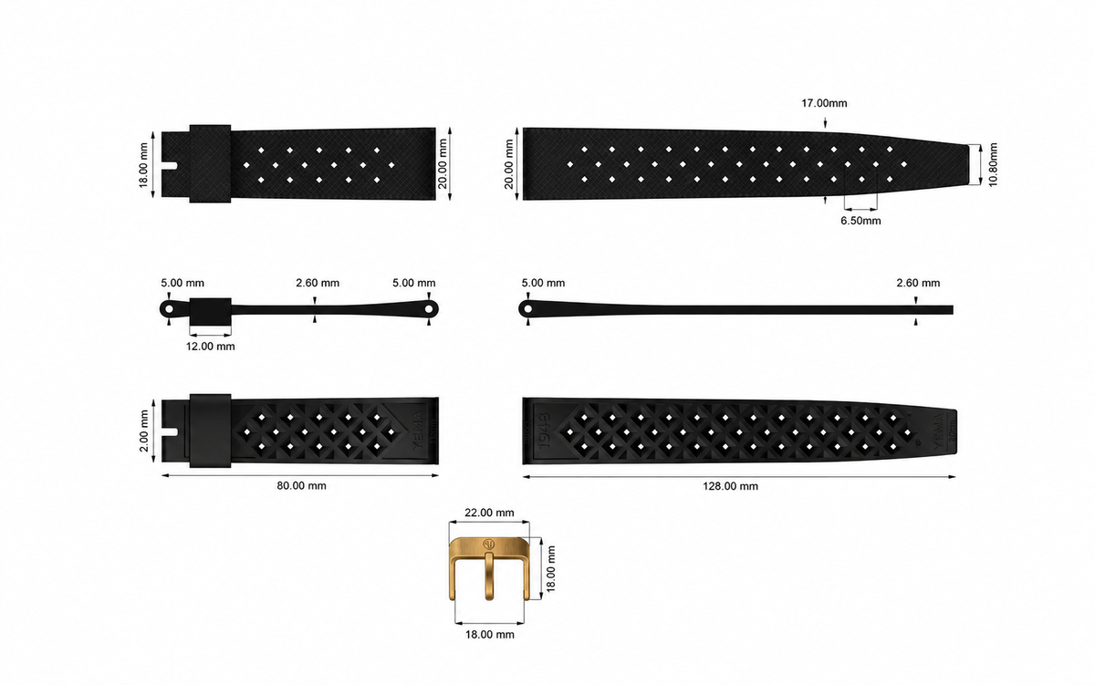 Yema Tropic Rubber Strap 20mm Black with Bronze Buckle Ref. YSUP-TP20-BZ
