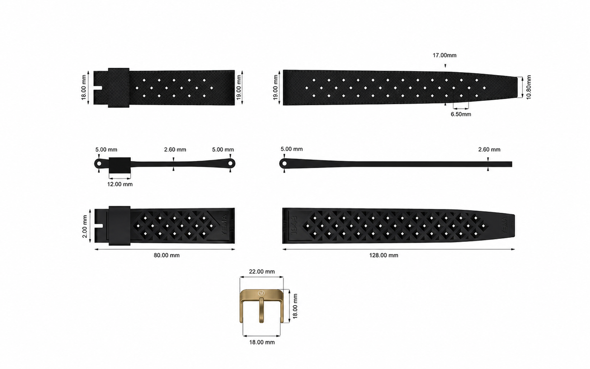 Yema Tropic Rubber Strap 19 mm Black with Bronze Buckle Ref. YSUP-TP19-BZ
